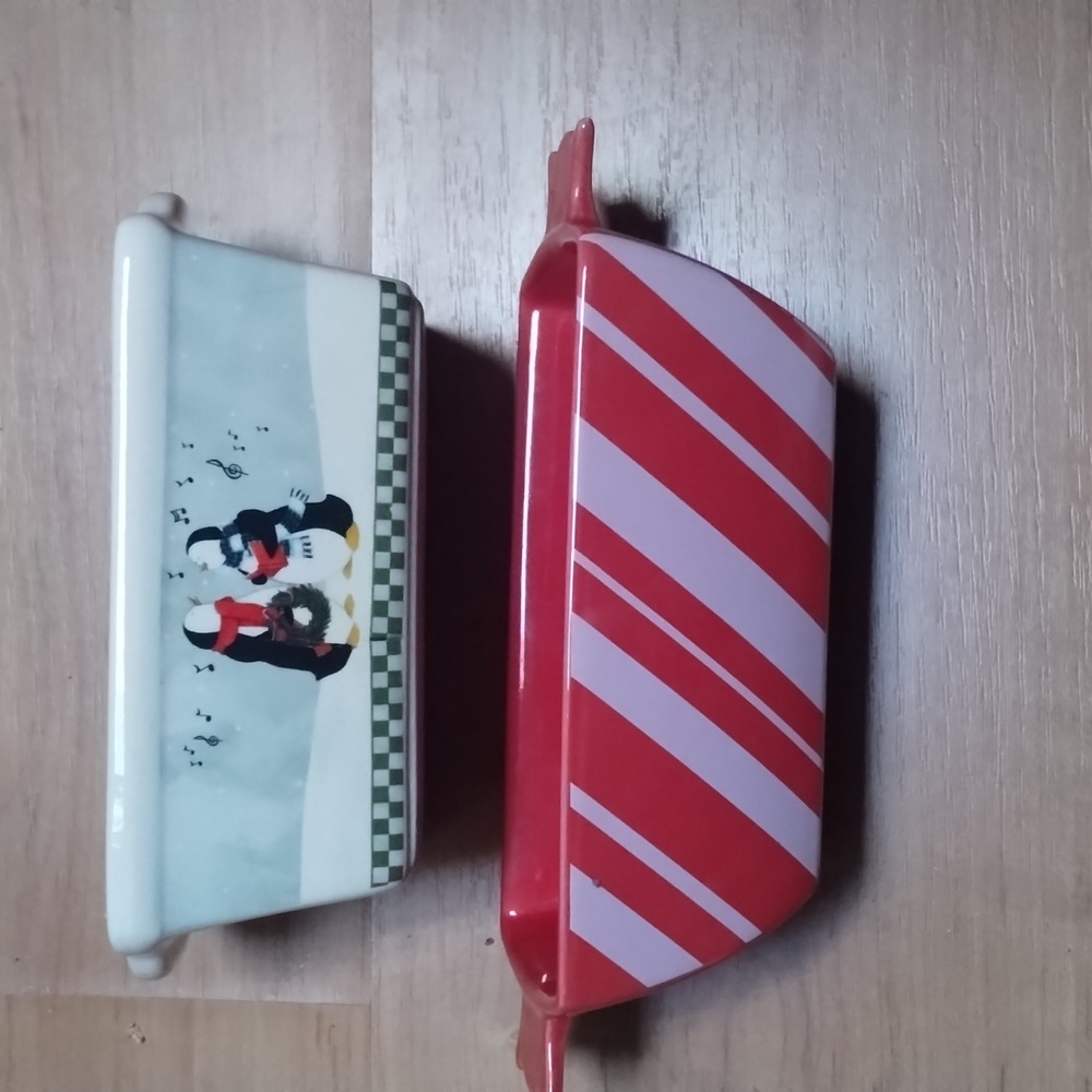 2 Festive Ceramic Miniature Loaf Pans with Penguin and Candy Cane Stripes